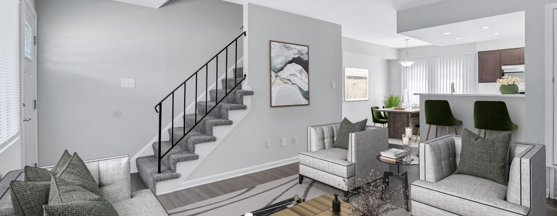 a living room with a staircase